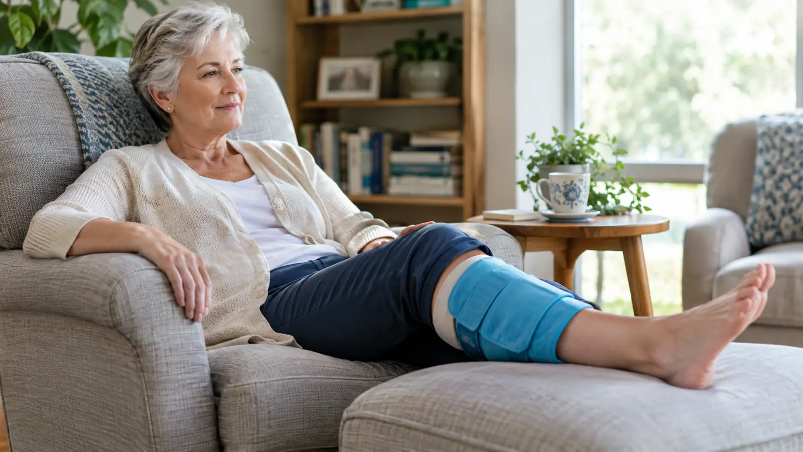 A woman in her sixties resting in an armchair with a gel cold wrap around her knee