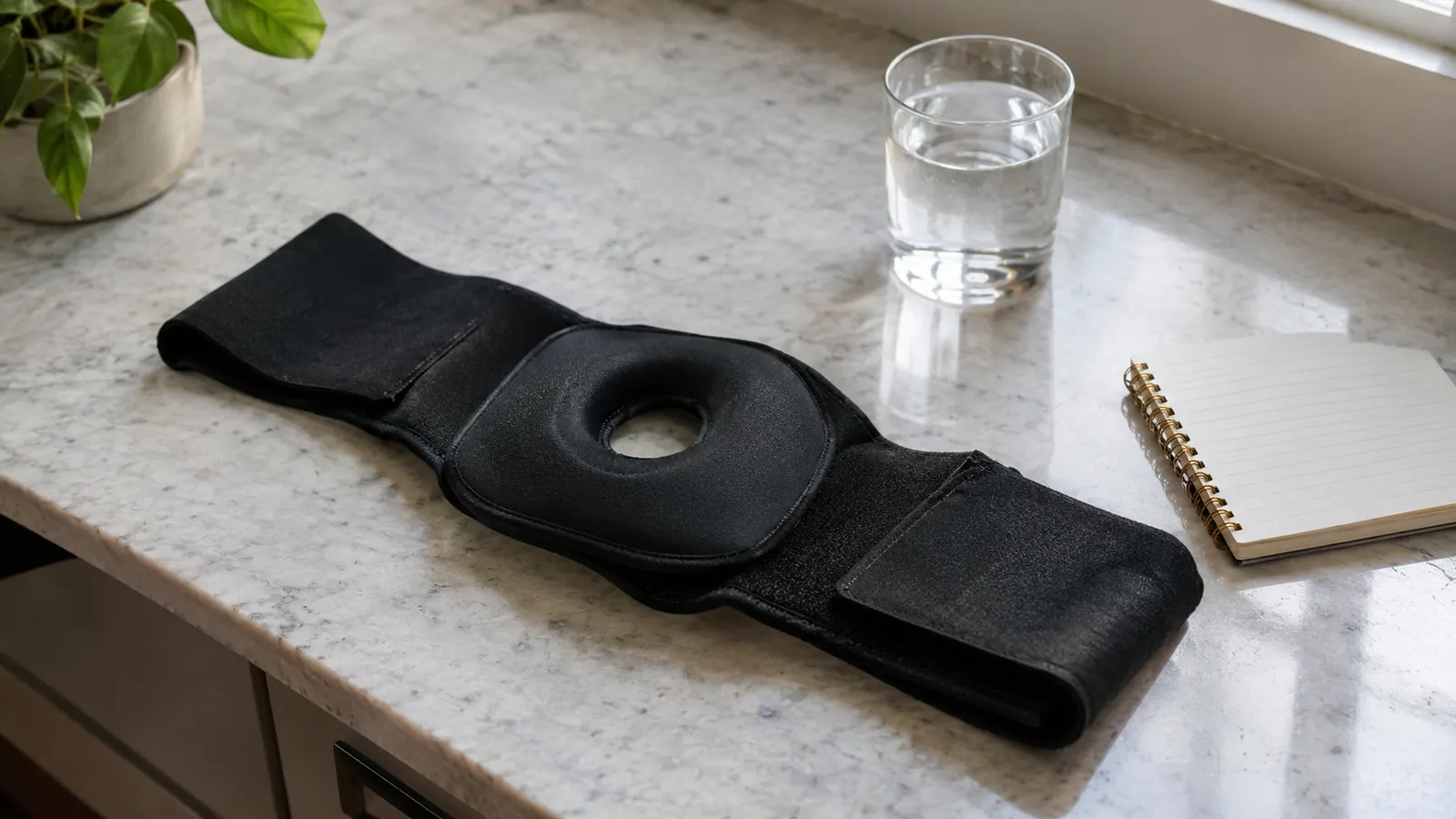 A gel knee wrap rests on a kitchen counter beside a small notebook and a glass of water, with soft daylight from a window.