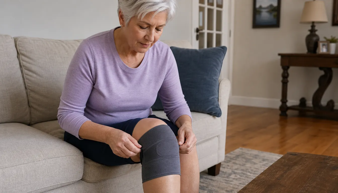 A woman in her sixties adjusts a knee wrap around her left knee while seated on a couch